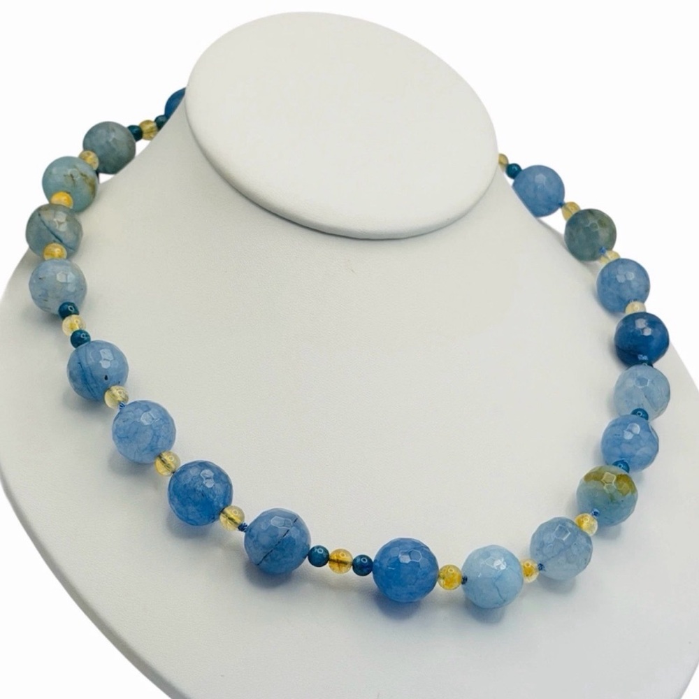 Artisan Blue Chalcedon and Citrine Bead Necklace Natural Stone Jewelry 27.5”